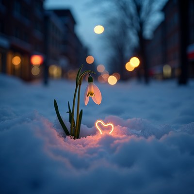 Snowdrop flower with glowing heart in snow