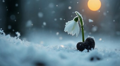 Snowdrop flower on snow heart
