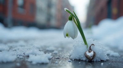 Snowdrop flower with heart pendant in snow