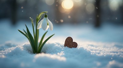 Snowdrop flower with heart in snow