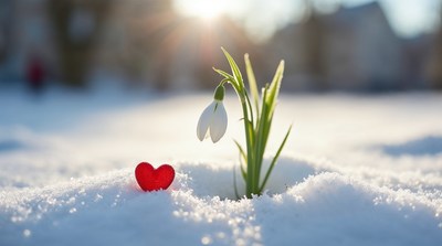 Snowdrop flower with red heart in snow