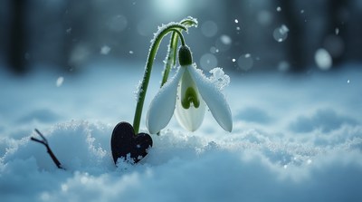 Snowdrop flower with black heart in snow