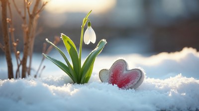Snowdrop flower with heart on snow