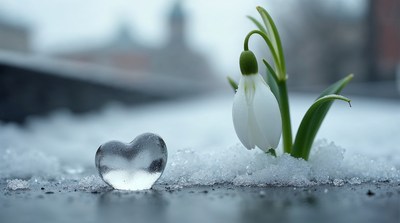 Snowdrop Flower with Ice Heart in Snow