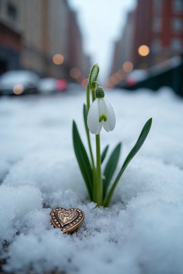 Snowdrop Flower with Heart in Snowy Alley
