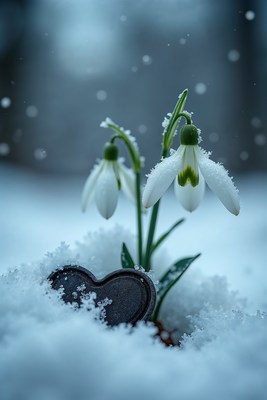 Snowdrops blooming in heart-shaped snow