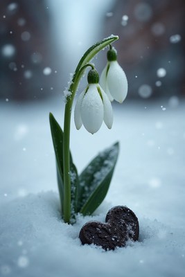 Snowdrops with heart in snow