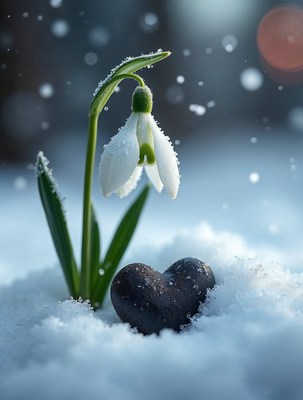 Snowdrop flower with heart stone in snow
