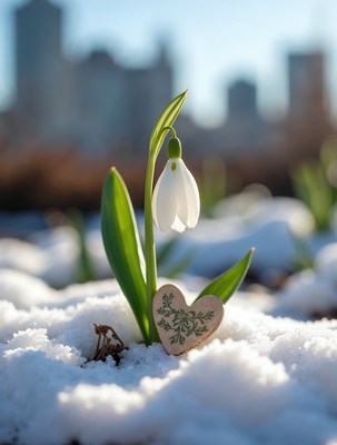 Snowdrop flower with heart in snowy cityscape