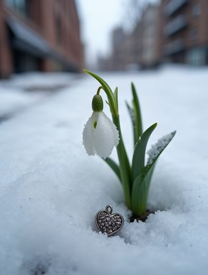 Snowdrop flower with heart pendant in snow