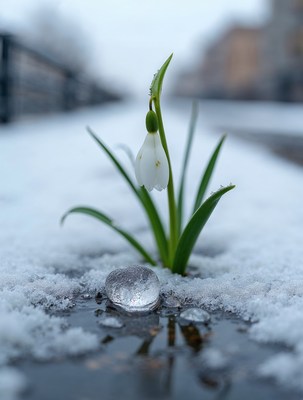 Snowdrop flower in snow with water droplet