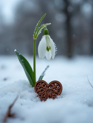 Snowdrop Flower with Wooden Heart in Snow