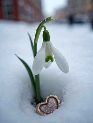Snowdrop flower with heart in snow