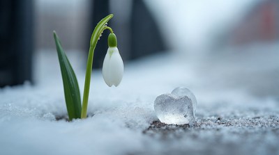 Snowdrop flower in snow with ice heart