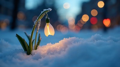 Snowdrop flower in snowy landscape