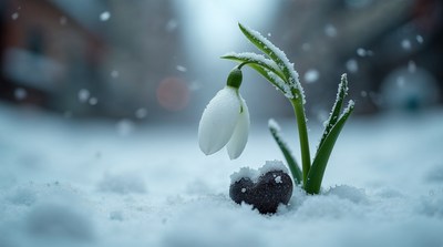 Snowdrop flower with heart in snow