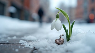 Snowdrop flower with heart in snow