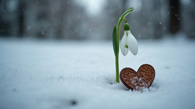 Snowdrop flower beside heart in snow