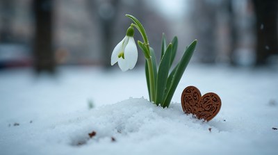 Snowdrop flower with heart in snow