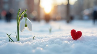 Snowdrop Flower with Red Heart in Snow