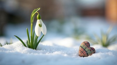 Snowdrop flower with heart stone in snow