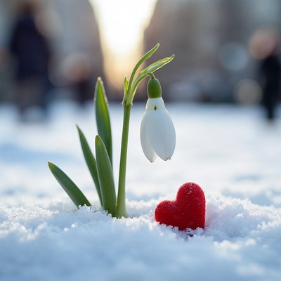 Snowdrop Flower with Red Heart in Snow