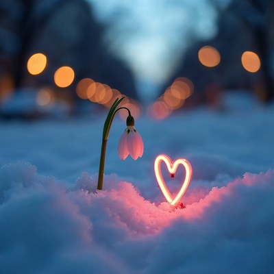 Snowdrop flower with neon heart in snow