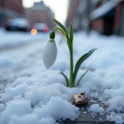 Snowdrop flower with gold heart in snow