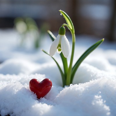 Snowdrop Flower with Red Heart in Snow