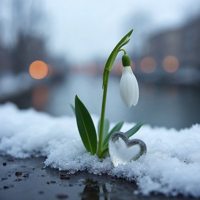Snowdrop Flower with Ice Heart on Snow