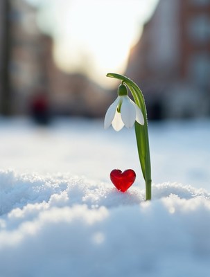 Snowdrop Flower with Red Heart in Snow