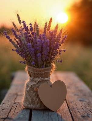 Lavender bouquet in burlap sack sunset