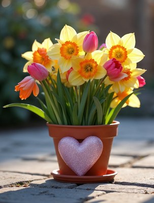 Daffodils and Tulips in Heart Pot