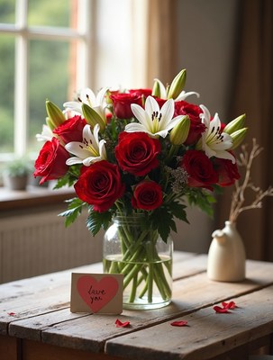 Red Roses and White Lilies Bouquet