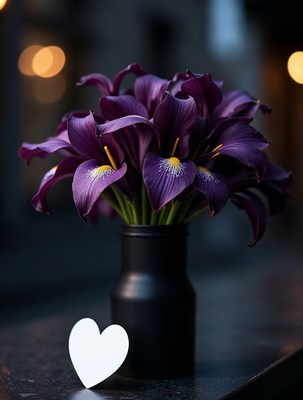 Purple Irises in Black Vase with Heart