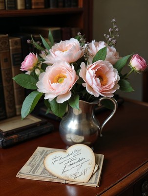 Pink Peonies in Silver Pitcher with Love Letter