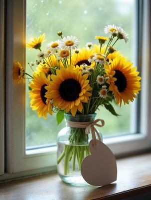 Sunflowers and Daisies in Jar by Window