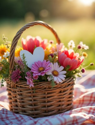 Wicker Basket of Colorful Flowers