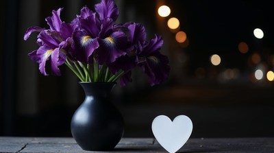 Purple Irises in Black Vase with Heart