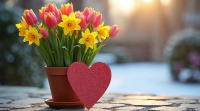 Red Heart with Colorful Tulips in Pot