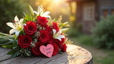 Roses and Lilies Bouquet with I Love You Sign