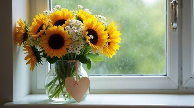 Sunflowers in vase by window