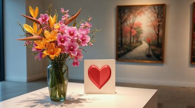Vibrant Orchids and Red Heart on Pedestal