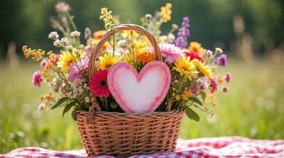 Flower Basket with Heart on Picnic Blanket