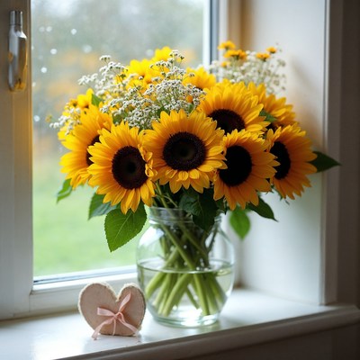 Sunflowers in vase by window