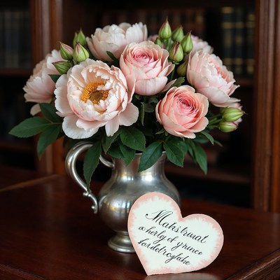 Pink Peonies in Silver Pitcher