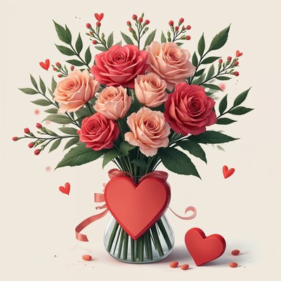 Bouquet of Red Pink Roses in Vase