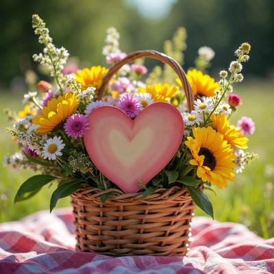 Flower Basket with Heart on Picnic Blanket