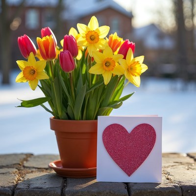 Tulips and Daffodils with Heart Card in Snow