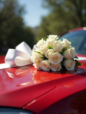 White Rose Bouquet on Red Car
